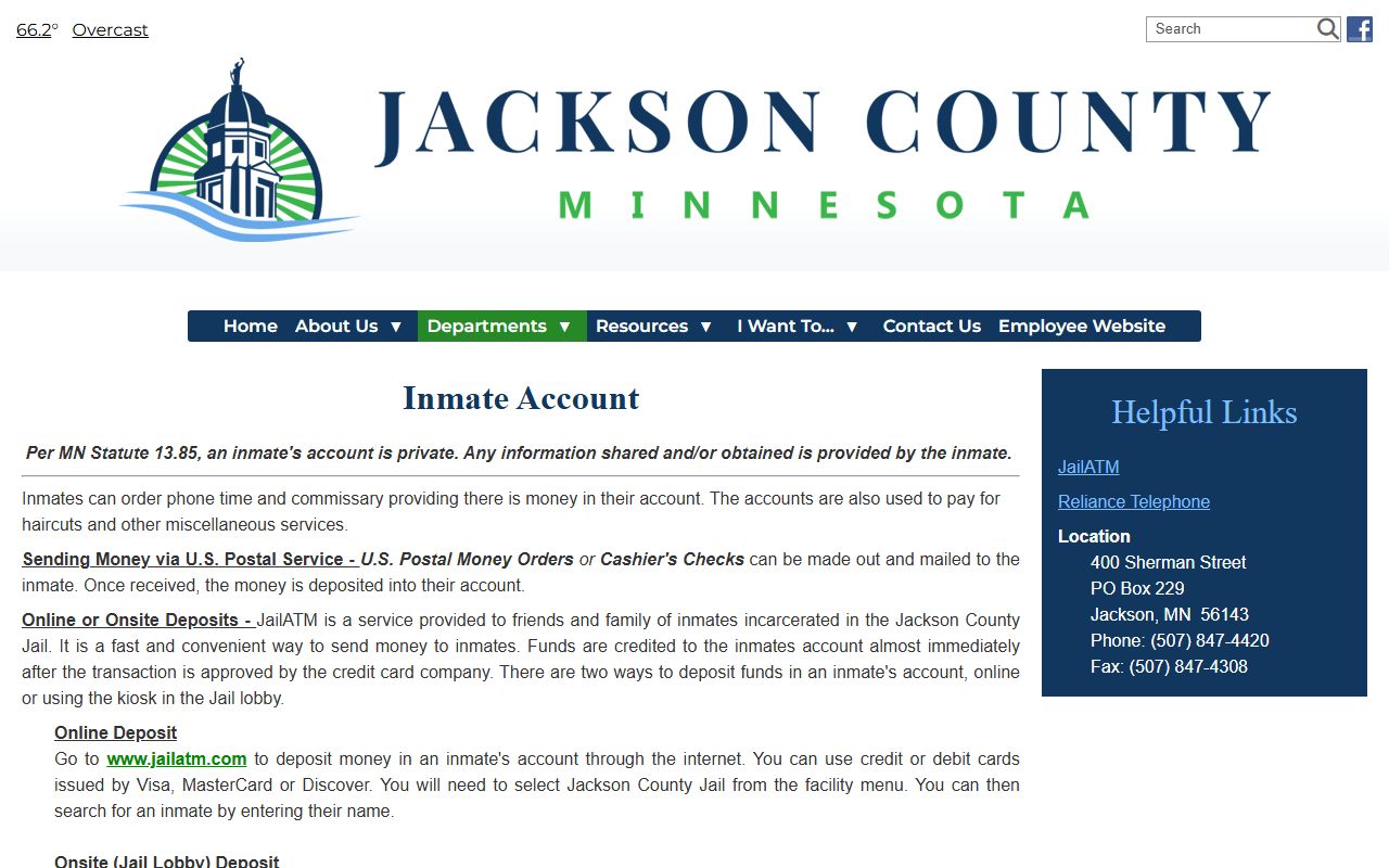 Jackson County Jail inmate account page showing JailATM deposit instructions