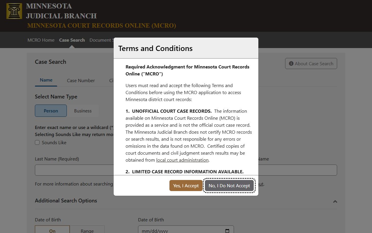 Minnesota MCRO case search fields for Jackson County court records after arrest
